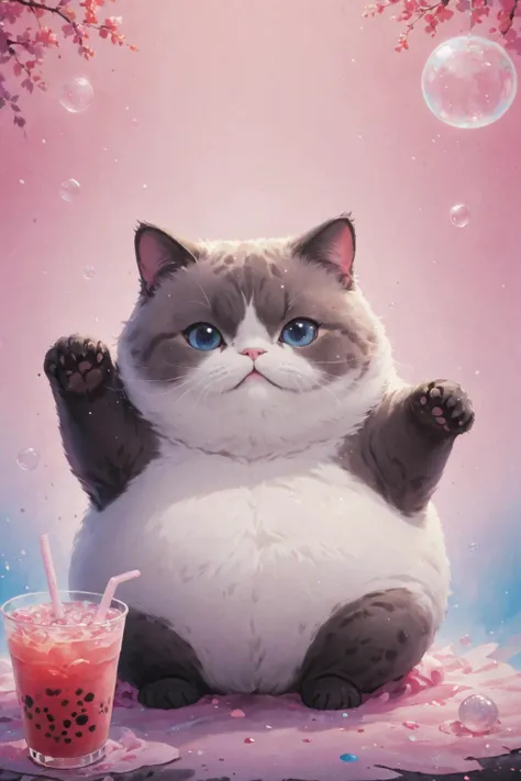 cosmic canvas,flawless, clean, masterpiece, professional artwork, famous artwork, painting of a chubby cat, ( bubble tea background), <lora:Cosmic_Canvas_SDXL:1>