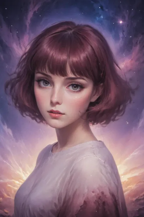 cosmic canvas,flawless, clean, masterpiece, professional artwork, famous artwork, painting of a woman, Pha Sin, Straight hair, Maroon hair, (galaxy background),  <lora:Cosmic_Canvas_SDXL:1>