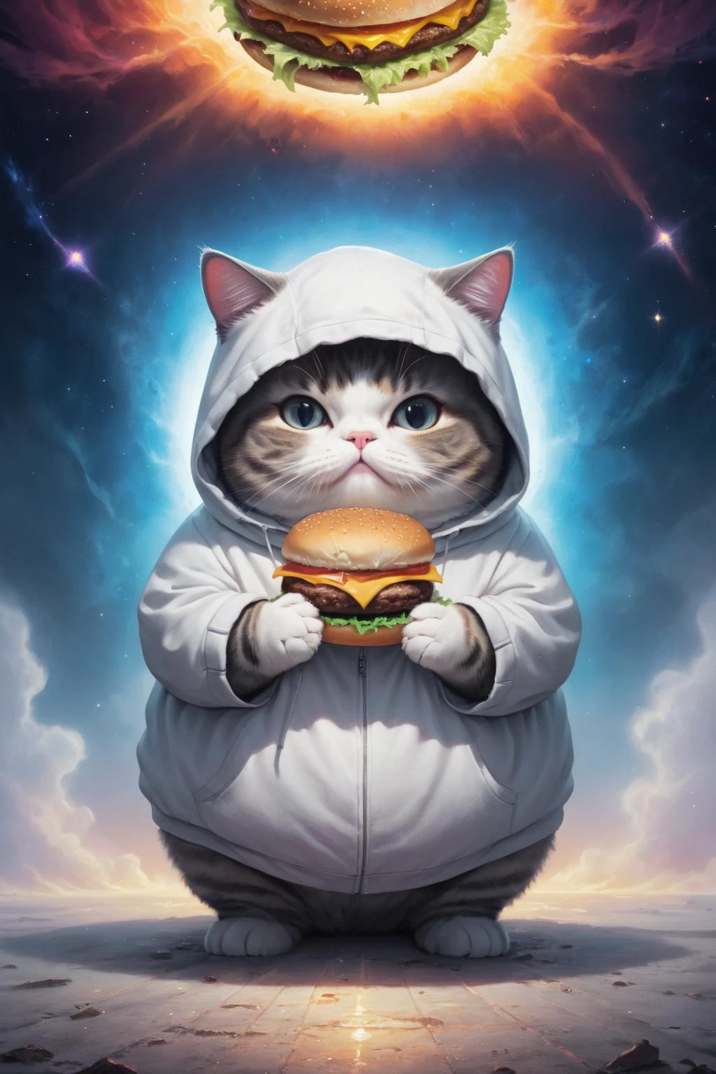 cosmic canvas,(dystopian background:1.3), flawless, clean, masterpiece, painting of a chubby cat, wearing hoodie, holding burger, light fog, <lora:Cosmic_Canvas_SDXL:.56>