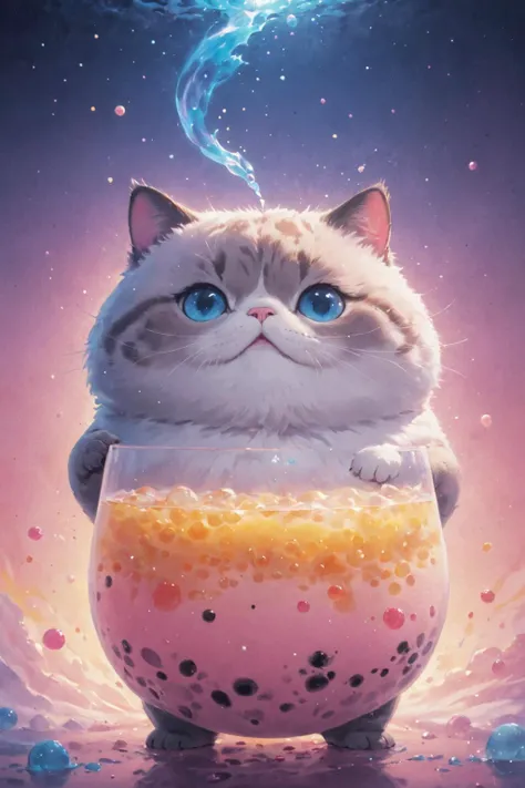 cosmic canvas,flawless, clean, masterpiece, professional artwork, famous artwork, painting of a chubby cat, ( bubble tea background),  <lora:Cosmic_Canvas_SDXL:1>