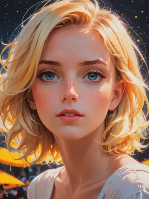 1woman, pretty face, masterpiece, sedutive, dark skin, tanned skin, short hair, yellow hair, green eyes, yellow eyelashes,  yellow eyebrows,  messy hair, bangs hair, nigth desert, night star, sky, front view