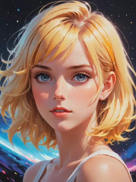 cosmic canvas, Anime blonde girl, cute-fine-face, pretty face, realistic shaded Perfect face, fine details. Anime. realistic shaded lighting by Ilya Kuvshinov Giuseppe Dangelico Pino and Michael Garmash and Rob Rey, IAMAG premiere, WLOP matte print, cute freckles, masterpiece <lora:add-detail-xl:1>, <lora:Cosmic_Canvas_SDXL:1>