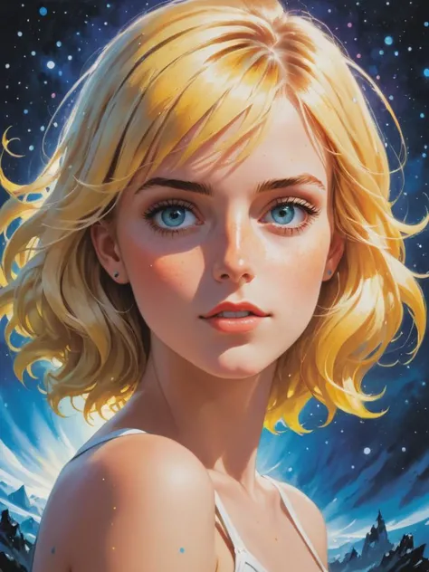 cosmic canvas, blonde pretty girl, cute-fine-face, pretty face, realistic shaded Perfect face, fine details. Anime. realistic shaded lighting by Jeff Lemire , Eyvind Earle and Boris Grigoriev and Jean Metzinger, IAMAG premiere, WLOP matte print, cute freckles, masterpiece <lora:add-detail-xl:1>, <lora:Cosmic_Canvas_SDXL:1>