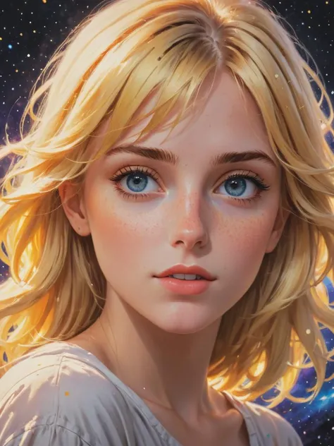 cosmic canvas, blonde pretty girl, cute-fine-face, pretty face, realistic shaded Perfect face, fine details. Anime. realistic shaded lighting by Joe De Mers , Ruth Bernhard and Callie Fink and Dan Piraro, IAMAG premiere, WLOP matte print, cute freckles, masterpiece <lora:add-detail-xl:1>, <lora:Cosmic_Canvas_SDXL:1>