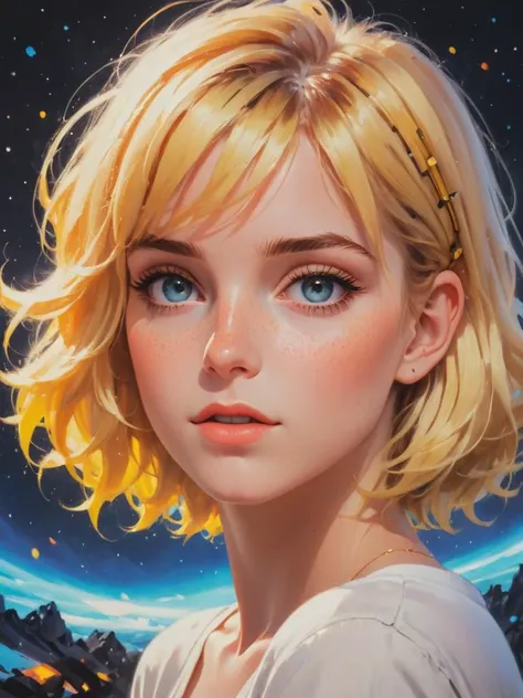 cosmic canvas, blonde pretty girl, cute-fine-face, pretty face, realistic shaded Perfect face, fine details. Anime. realistic shaded lighting by Ilya Kuvshinov Giuseppe Dangelico Pino and Michael Garmash and Rob Rey, IAMAG premiere, WLOP matte print, cute freckles, masterpiece <lora:add-detail-xl:1>, <lora:Cosmic_Canvas_SDXL:1>