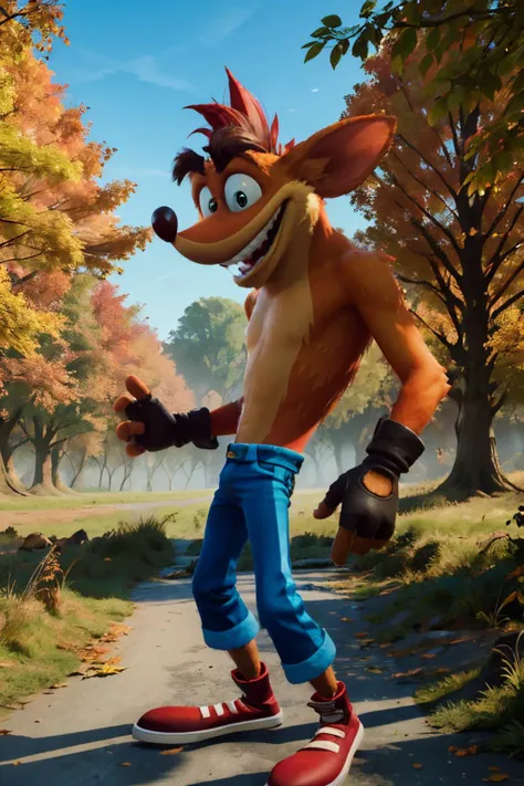 crash, furry, orange fur, blue pants, red shoes, looking at viewer, smiling, mouth open, crazy grin,
standing, outside, park, trees, field, autumn, blue sky, extreme detail, masterpiece, <lora:crash41:.7>
