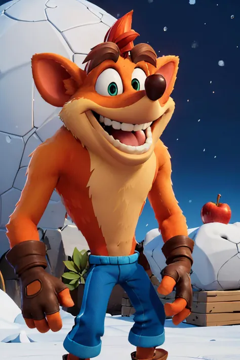 crash, furry, orange fur, blue pants, looking at viewer, crossed eyed, smiling, mouth open, crazy grin,
standing,outside, antarctica,snow, igloo, apples, apples, extreme detail, masterpiece, <lora:crash41:.7>