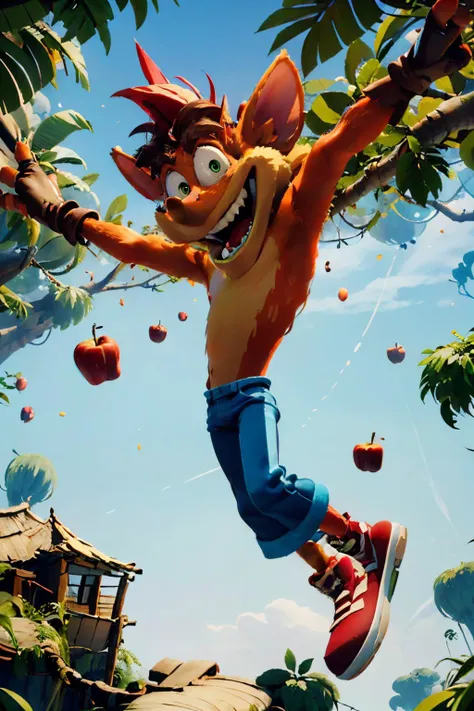 crash, furry, orange fur, blue pants, red shoes, looking at viewer, completely insane, mouth open, crazy grin,
from_below, arms out, falling, in air, jungle, apples, apples, extreme detail, masterpiece, <lora:crash41:.7>