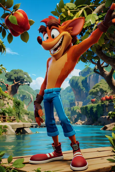 crash, furry, orange fur, blue pants, looking at viewer, smiling, mouth open, portrait,
jungle, natural lighting, apples, apples, extreme detail, masterpiece, <lora:crash41:.7>