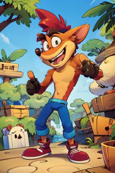 masterpiece, best quality, digital art, (crash:1), giving a thumbs up , furry, jungle background, cross eyed , smile, tongue out , <lora:crash4-20:0.7>