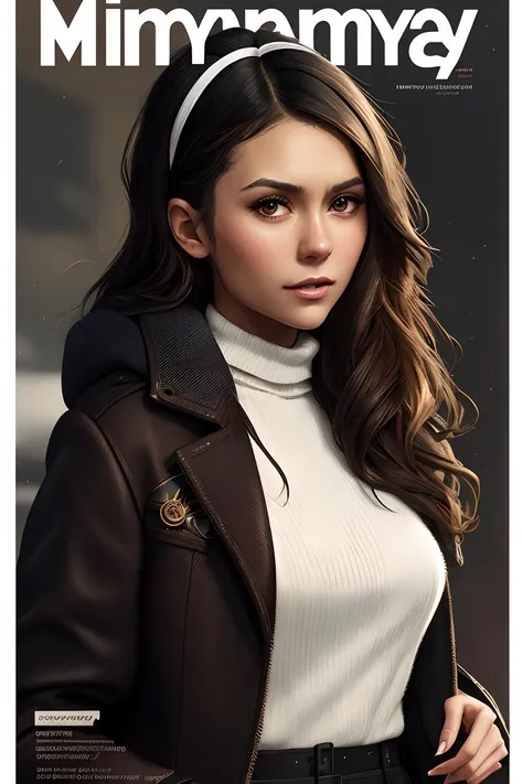 photo of (n1n4d0brev:0.99), a woman in the (cover of a fashion magazine:1.2), modelshoot style, (extremely detailed CG unity 8k wallpaper), photo of the most beautiful artwork in the world, professional majestic oil painting by Ed Blinkey, Atey Ghailan, Studio Ghibli, by Jeremy Mann, Greg Manchess, Antonio Moro, trending on ArtStation, trending on CGSociety, Intricate, High Detail, Sharp focus, dramatic, photorealistic painting art by midjourney and greg rutkowski, (long brown coat:1.1), (turtleneck), (trousers), (looking at viewer:1.2), (detailed pupils:1.3), (modern outfit:1.2), (fashion magazine logo:1.3), (magazine text:1.1), (magazine title:1.3)