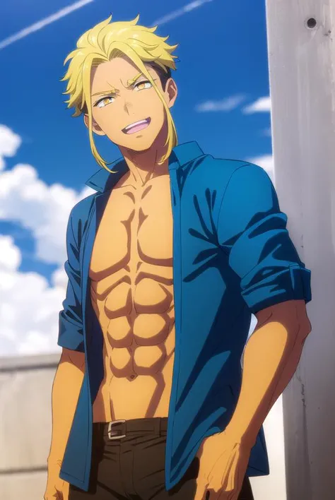 kenichirouryuuzaki, <lora:kenichirou ryuuzaki s1-lora-nochekaiser:1>,
kenichirou ryuuzaki, short hair, blonde hair, black hair, male focus, multicolored hair, two-tone hair, (yellow eyes:1.5), smile, grin,
BREAK shirt, open clothes, pants, open shirt, muscular, abs, blue shirt, pectorals, muscular male,
BREAK outdoors, city, sun, sky, clouds,
BREAK looking at viewer, (cowboy shot:1.5),
BREAK <lyco:GoodHands-beta2:1>, (masterpiece:1.2), best quality, high resolution, unity 8k wallpaper, (illustration:0.8), (beautiful detailed eyes:1.6), extremely detailed face, perfect lighting, extremely detailed CG, (perfect hands, perfect anatomy),