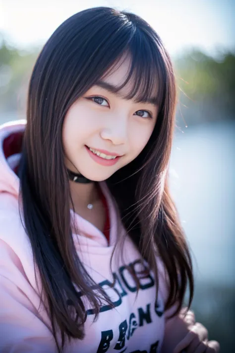 <lora:mayu_v01:0.9>, 
 (8k, RAW photo, best quality, masterpiece:1.2), (realistic, photo-realistic:1.37), omertosa,1girl, blurry background,lake, rain,wet,professional lighting, photon mapping, radiosity, physically-based rendering, backlight bokeh, blurry background,smile, mature,((black choker)), red lips, student ,((lights shinning on the face))
head portrait
,
sunlight, ((outdoors)) ,((light shinning on the hair))
hoodie,t-shirt,
((long hair)), ((floating hair)), pink hair,wavy hair, glowing hair,
135mm lens,,big breast,red lips,smile