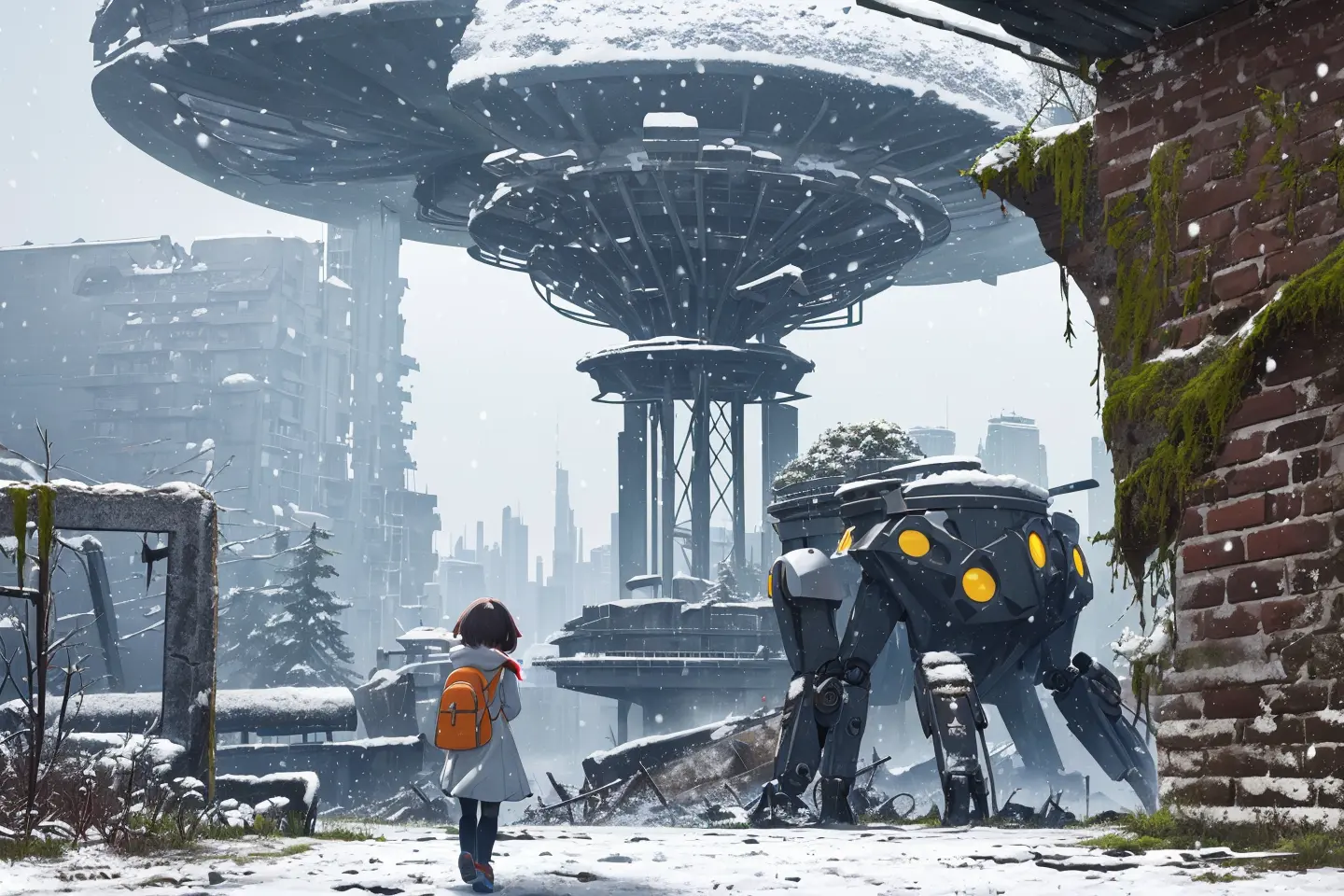 pokemon (creature),building, snow, ((ruins)), moss,robot, outdoors, standing, poster (medium), walking, scenery, science fiction, snowing, back view, detailed background, girl,wide shot,