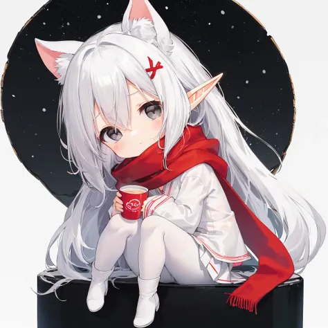 Simple background, ((white background)),  pointy ears,((snowy elf)),****, toddler,***, ((((chibi))),sticker style, child body,flat chest,(cute *********** with a red scarf), white hair,(( grey eyes)), white coat, white skirt, ((white pantyhose)), white fur boots,((full-white clothes)), head tilt, drinking hot beverage, from side, 
expressionless, looking at viewer, very long hair, upper body,