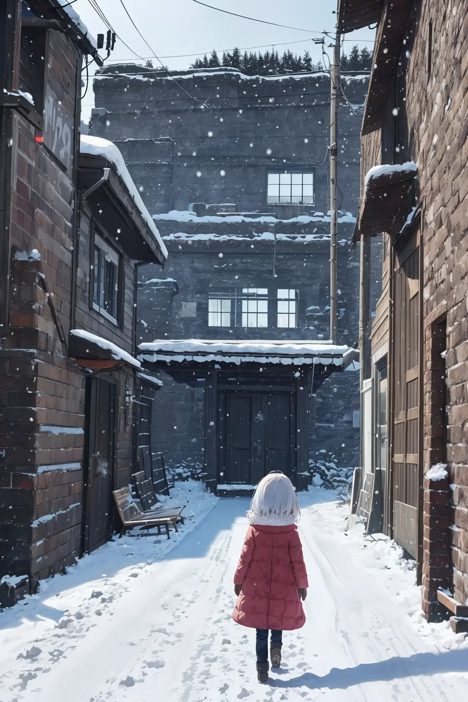 (creature),building, snow, ((ruins)), moss,robot, outdoors, standing, poster (medium), walking, scenery, science fiction, snowing, detailed background, girl,loli:1,3yo,kawaii, looking at viewer, from behind, cowboy shot, in alley , Russia