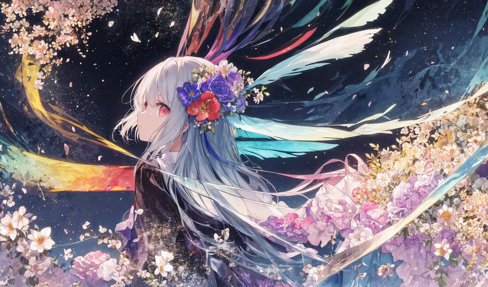 (detailed description)+,(best quality)+,(extremely detailed)+,(masterpiece)+,(ultra detailed)+,(best illustration)++,(best shadow),original, illustration, best quality, masterpiece, dynamic angle, detailed beautiful background, depth of field, beautiful light and shadow,
BREAK,
girl,loli:1,colorful, solo, looking at viewer, ribbon, (((transparently flower))),multicolored hair, ((abstract)), shirt, multicolored eyes, hair flower, upper body, dress, collared shirt, (transparent_crystal), shiny,(( rainbow )), dynamic pose, wide shots, detailed deep eyes,((stare,expressionless)),dynamic angle from above, fisheye, from side ,starry,detached wings, ((full body )), cropped legs
