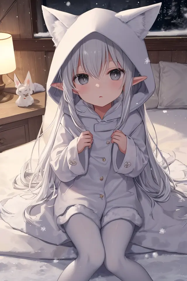 Masterpiece, depth of field, beautiful light and shadow, pointy ears,futon, tight, sitting on bed,one hand on tight ,((snow elf)),(****:1.4),kawaii, toddler,***, flat chest, ((night)), white hair,(( grey eyes)), white  fur coat, white pajama, ((white pantyhose)),((full-white clothes)), expressionless, sleepy, yawning,looking at viewer, very long hair, full body, cowboy shots, dynamic angle from above, front view , ((white fox ears hood coat)), animal ears Hood,A young girl in pajamas, with a shy expression on her face, in a bedroom setting, The composition should exude a blend of sensuality and innocence, The background should be visually captivating,