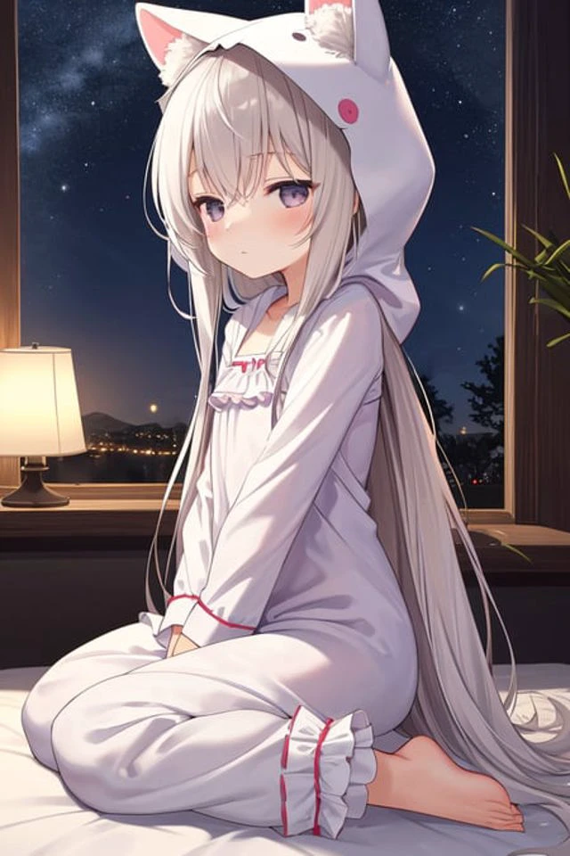 , solo focus, full body, sitting, dynamic angle, white hair, flat chest, frilled, 3yo,own hair, long hair, night, starry sky, dark, sleepy, want to sleep, animal ears hood, A young girl in pajamas holding a large stuffed animal, with a shy expression on her face, in a bedroom setting, The composition should exude a blend of sensuality and innocence, The background should be visually captivating,