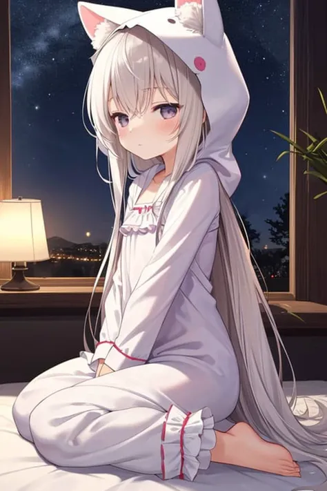 ****, solo focus, full body, sitting, dynamic angle, white hair, flat chest, frilled, ***, brown hair, long hair, night, starry sky, dark, sleepy, want to sleep, animal ears hood, A young girl in pajamas holding a large stuffed animal, with a shy expression on her face, in a bedroom setting, The composition should exude a blend of sensuality and innocence, The background should be visually captivating,