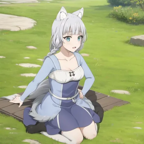 kemonomichi-shigure, dress, (long hair, grey hair, braid),wolf ears, wolf tail, wolf girl, collarbone, full body, medium breasts, solo, 1girl, outdoors <lora:kemonomichi-shigureV2:0.5>