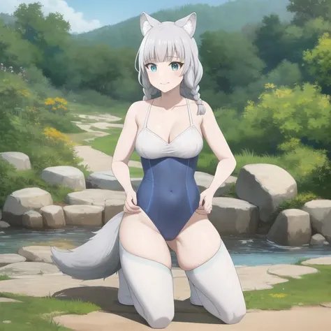 kemonomichi-shigure, swimsuit, (long hair, grey hair, braid),wolf ears, wolf tail, wolf girl, collarbone, full body, medium breasts, solo, 1girl, outdoors <lora:kemonomichi-shigureV2:0.4>