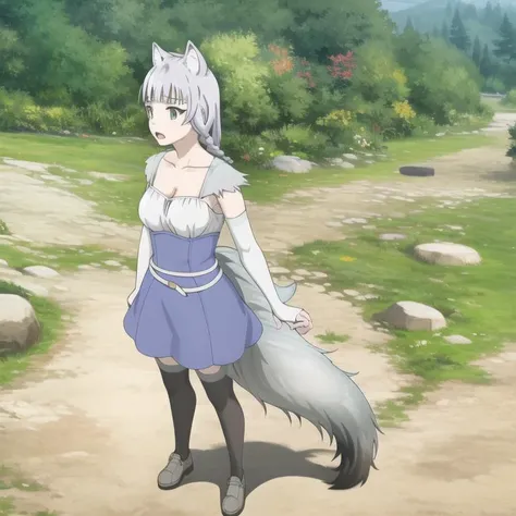 kemonomichi-shigure, dress, (long hair, grey hair, braid),wolf ears, wolf tail, wolf girl, collarbone, full body, medium breasts, solo, 1girl, outdoors <lora:kemonomichi-shigureV2:0.8>