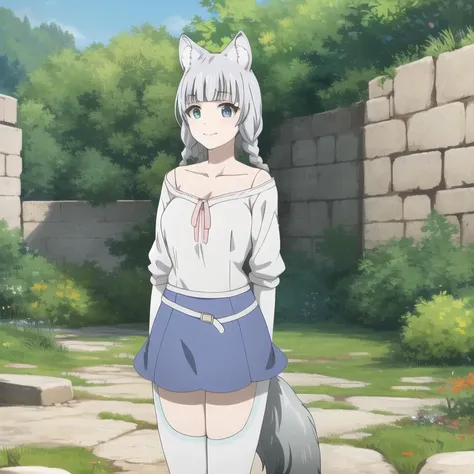 kemonomichi-shigure, shirt skirt, (long hair, grey hair, braid),wolf ears, wolf tail, wolf girl, collarbone, full body, medium breasts, solo, 1girl, outdoors <lora:kemonomichi-shigureV2:0.6>