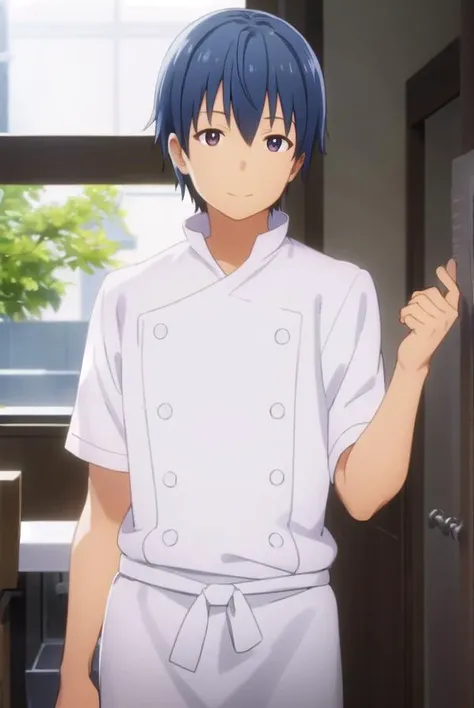 hiroomisouma, <lora:hiroomi souma s2-lora-nochekaiser:1>,
hiroomi souma, (brown eyes:1.3), blue hair, male focus, smile,
BREAK apron, buttons, waist apron, white pants, chef,
BREAK indoors, restaurant,
BREAK looking at viewer, (cowboy shot:1.5),
BREAK <lyco:GoodHands-beta2:1>, (masterpiece:1.2), best quality, high resolution, unity 8k wallpaper, (illustration:0.8), (beautiful detailed eyes:1.6), extremely detailed face, perfect lighting, extremely detailed CG, (perfect hands, perfect anatomy),