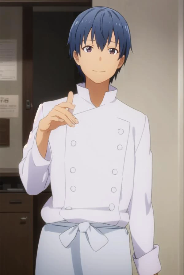 hiroomisouma, <lora:hiroomi souma s2-lora-nochekaiser:1>,
hiroomi souma, (brown eyes:1.3), blue hair, male focus, smile,
BREAK apron, buttons, waist apron, white pants, chef,
BREAK indoors, restaurant,
BREAK looking at viewer, (cowboy shot:1.5),
BREAK <lyco:GoodHands-beta2:1>, (masterpiece:1.2), best quality, high resolution, unity 8k wallpaper, (illustration:0.8), (beautiful detailed eyes:1.6), extremely detailed face, perfect lighting, extremely detailed CG, (perfect hands, perfect anatomy),