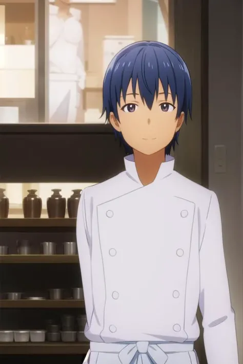 hiroomisouma, <lora:hiroomi souma s2-lora-nochekaiser:1>,
hiroomi souma, (brown eyes:1.3), blue hair, male focus, smile,
BREAK apron, buttons, waist apron, white pants, chef,
BREAK indoors, restaurant,
BREAK looking at viewer, (cowboy shot:1.5),
BREAK <lyco:GoodHands-beta2:1>, (masterpiece:1.2), best quality, high resolution, unity 8k wallpaper, (illustration:0.8), (beautiful detailed eyes:1.6), extremely detailed face, perfect lighting, extremely detailed CG, (perfect hands, perfect anatomy),
