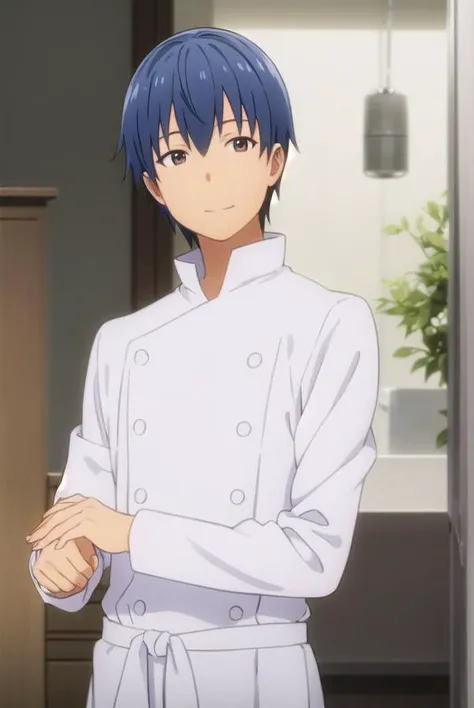 hiroomisouma, <lora:hiroomi souma s2-lora-nochekaiser:1>,
hiroomi souma, (brown eyes:1.3), blue hair, male focus, smile,
BREAK apron, buttons, waist apron, white pants, chef,
BREAK indoors, restaurant,
BREAK looking at viewer, (cowboy shot:1.5),
BREAK <lyco:GoodHands-beta2:1>, (masterpiece:1.2), best quality, high resolution, unity 8k wallpaper, (illustration:0.8), (beautiful detailed eyes:1.6), extremely detailed face, perfect lighting, extremely detailed CG, (perfect hands, perfect anatomy),