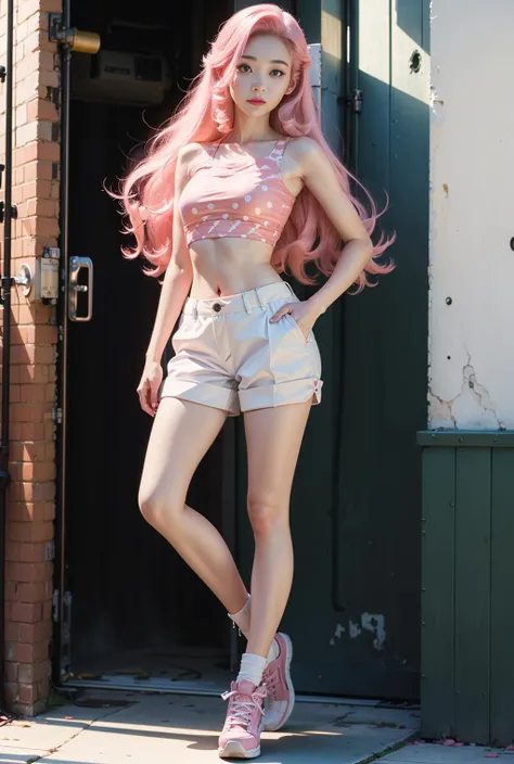 masterpiece,best quality,official art,extremely detailed CG unity 8k wallpaper,1girl,long hair,hair twirling,(pink hair:1.1),crop top, full body, <lora:Amy:1>,