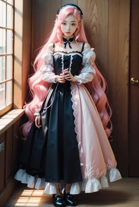 masterpiece,best quality,official art,extremely detailed CG unity 8k wallpaper,1girl,long hair,hair twirling,(pink hair:1.1), lolita_fashion,full body, <lora:Amy:1>,