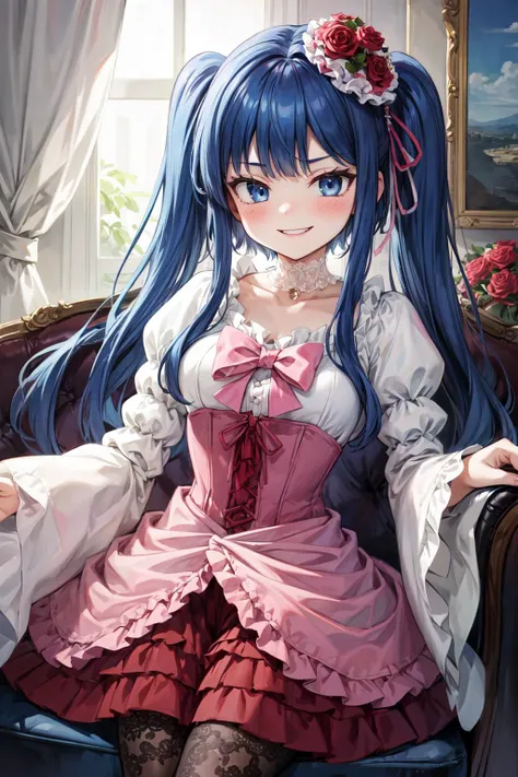 best quality, furudo erika, 1girl, smile, pink dress, corset, pink bow, frills, wide sleeves, puffy sleeves, long hair, twintails, blue hair, blue eyes, lace choker, rose hair flower, hair ribbon,
floral print pantyhose, white shoes, high heels, sitting crossed legs, shoe dangle, solo,  indoors, chair [finger to own mouth, (teacup), window:4]
<lora:erika-000010:1>
 <lora:high_heels_dangle_final:0.8>