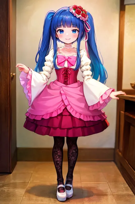 best quality, furudo erika, 1girl, smile, pink dress, corset, pink bow, frills, wide sleeves, puffy sleeves, long hair, twintails, blue hair, blue eyes, floral print pantyhose, white mary janes, lace choker,  rose hair flower, hair ribbon, solo, standing, full body, indoors
<lora:erika-000010:1>