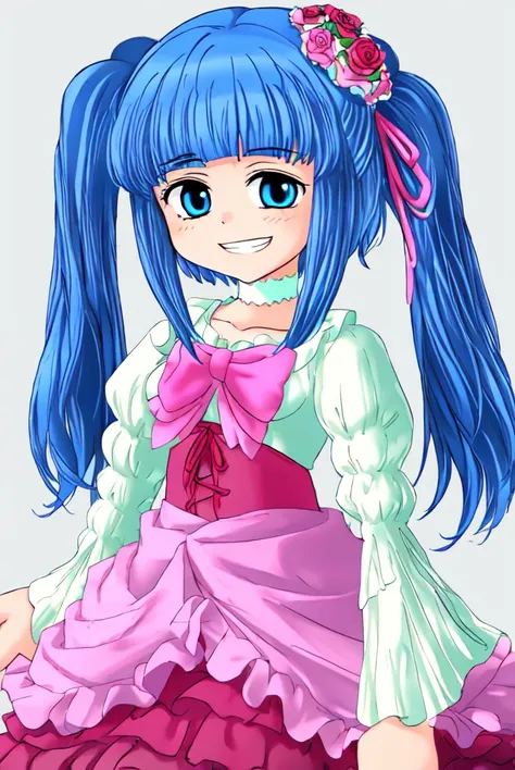 best quality, furudo erika, 1girl, pink dress, corset, pink bow, frills, puffy sleeves, long hair, twintails, blue hair, blue eyes, lace choker, rose hair flower, hair ribbon,
portrait, solo, simple background, grin
<lora:erika-000010:1>
<lora:Ryukishi07HigurashiStyle-000016:1>
