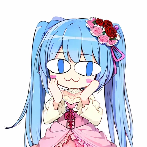 best quality, furudo erika, 1girl,  pink dress, corset, pink bow, frills, puffy sleeves, long hair, twintails, blue hair, blue eyes, lace choker, rose hair flower, hair ribbon,
solo, simple background, chibi, empty eyes, blush stickers
<lora:erika-000010:1>
 <lora:Neco-Arc:1>