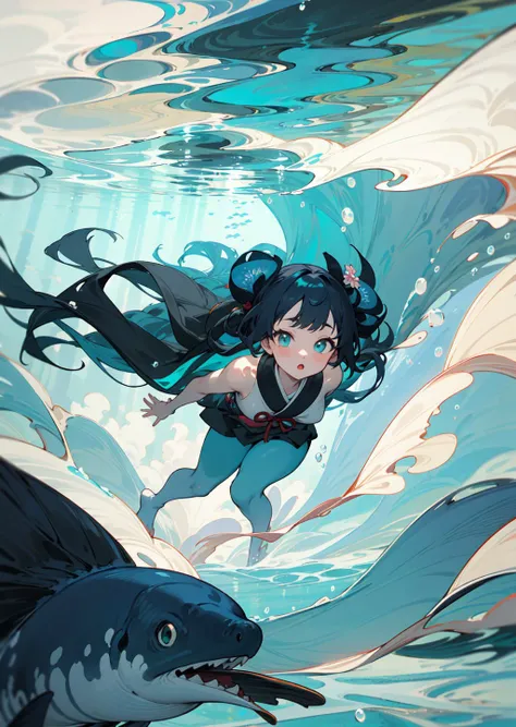 POV, ((masterpiece, best quality)), full body, 1girl, solo, (long hair:1.1), white|light blue hair, a beautiful woodblock print depicting a mystical underwater cave, where a graceful girl with flowing black hair and luminescent blue eyes is swimming among the bioluminescent sea creatures. The scene is depicted in a Ukiyo-e style, with vibrant blue and green colors that capture the ethereal nature of the underwater world. The lighting is soft and ambient, with a subtle glow that illuminates the girl's hair and the surrounding sea life. Created by Hokusai, this artwork is a true masterpiece that captures the awe-inspiring beauty of the deep sea. It is a scenic depiction of an underwater wonderland that will transport the viewer to another world.