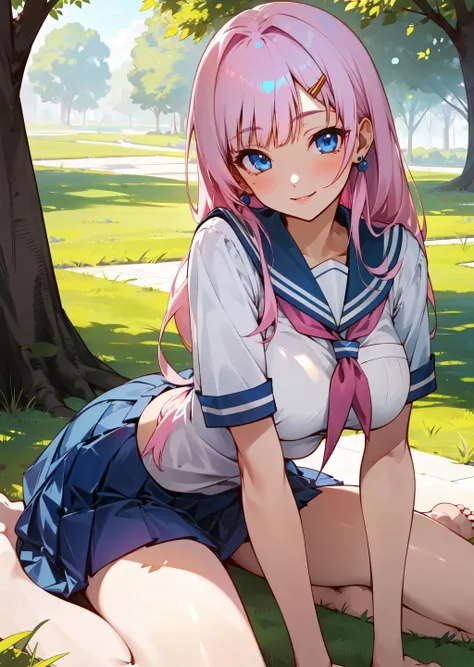 masterpiece, best quality, intricate detail, perfect anatomy, noon, vivid colors, detailed lighting, detailed skin, detailed face 1girl, solo, long gradient pink hair, large breasts, (wide hips:1.2), sitting, smile, school uniform, blue miniskirt, looking at viewer, outside, near tree, (at picnic), pov, full body visible, barefoot, looking at viewer, facing viewer, perfect eyes, gradient blue eyes, ((ichinose honami))