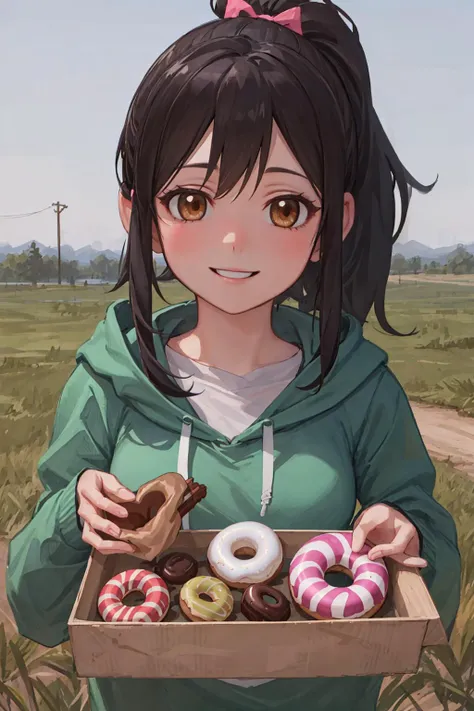 masterpiece, highres, photorealistic, picture, best quality, 8k, best quality, ultra-detailed, <lora:CHAR-Vanellope:0.3>, VanellopeVon, 1girl, solo, looking at viewer, smile, happy, portrait, upper body, bow, green hoodie, black hair, brown eyes, ponytail, (candy:1.1), chocolate, donut,