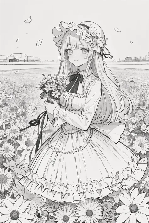 masterpiece, best quality, 1girl, solo, long_hair, looking_at_viewer, smile, bangs, skirt, shirt, long_sleeves, hat, dress, bow, holding, closed_mouth, flower, frills, hair_flower, petals, bouquet, holding_flower, center_frills, bonnet, holding_bouquet, flower field, flower field, lineart, monochrome, <lora:animeLineartMangaLike_v30MangaLike:1>