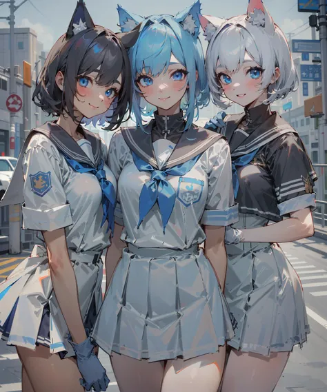 (masterpiece, best quality), 3 beautiful girl, cat ears, smile, slim body, (blue and white school uniform:1.1), (detailed beautiful eyes), paw gloves, outdoors