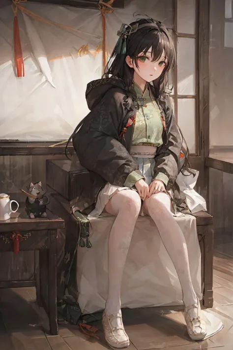 Ultra-realistic 8k CG, masterpiece, ((ultra-detailed background, delicate pattern, intricate details)), best quality, very detailed face, extremely detailed eyes and face, extremely detailed eyes, full body, 1girl, solo, long hair, black hair, light smile, chinese style, hanfu, song style outfits, green short shan, white pleated skirt, red songmo, looking at viewer, good lights, <lora:hanfu_v30Song:0.8>