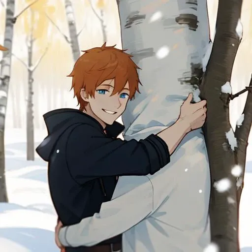 1male, drunk, smiling, hugging a birch,
snow, birches,
short ginger hair, blue eyes,