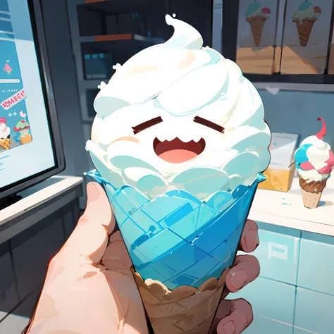 masterpiece, highres, high quality,
comics,novel illustration,
(a ice cream that has face),(screaming),
indoors,office room,