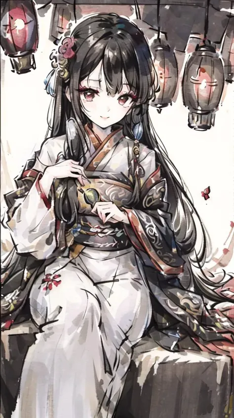 ((masterpiece,ultra-detailed, intricate details, best quality,illustration)),1girl, solo, highres, looking at viewer, black eyes, black hair, long hair, hair ornament, smiling, wearing traditional Chinese clothing, lantern, holding a flower in the hand, in an ancient Chinese garden, sunlight shining, confident expression, feminine, traditional, Chinese culture, Eastern aesthetics, elegant, beautiful, detailed, vibrant colors, high contrast, dynamic lighting, realistic textures, traditional painting style, illustration aesthetic <lora:Moxin_10:1>