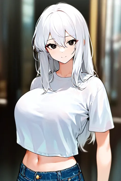 (best ratio 4fingers), (arm + hand + 1thumb + 4fingers), (Five fingers each), (Perfect hands), (detailed hand), (extremely detailed hands), (masterpiece:1.3), (best quality:1.2), ((1girl)), ((solo girl)), ((female solo)), (small head), (upper body:1.4), eyeliner, detailed face, (white hair:1.3), (long hair:1.1), (hair between eyes), (black eyes:1.1), (small mouth), closed mouth, (light smile:1.1), (white shirt:1.2), (t-shirt:1.2), (jeans:1.2), (street:1.2), (arms behind back:1.2), (standing:1.2), (dynamic angle:1.0), (midriff:1.2), (gigantic breasts:1.1),