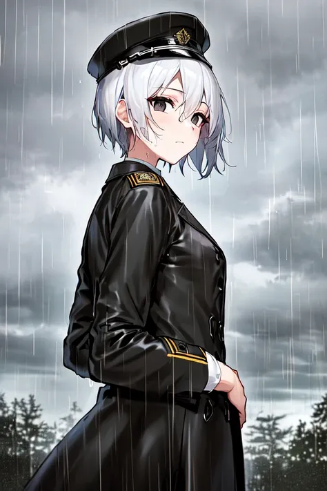 (best ratio 4fingers), (arm + hand + 1thumb + 4fingers), (Five fingers each), (Perfect hands), (extremely detailed hands), (masterpiece:1.0), (best quality:1.0), ((1girl)), ((solo girl)), ((female solo)), (small head), (upper body:1.4), eyeliner, detailed face, (white hair:1.0), (hair between eyes:1.0), (short hair:1.0), (undercut:1.0), (black eyes:1.0), (small mouth), closed mouth, (blank stare:1.0), (black military uniform:1.0), (black peaked cap:1.0), (black trench coat:1.0), (long trench coat:1.0), (black pants:1.0), (white gloves:1.0), (wet clothes:1.0), (rural:1.0), (rainy heavy rain, cloudy sky), (dynamic angle:1.0), (looking back:1.0), (medium breasts, thick thighs), (looking at viewer:1.0)