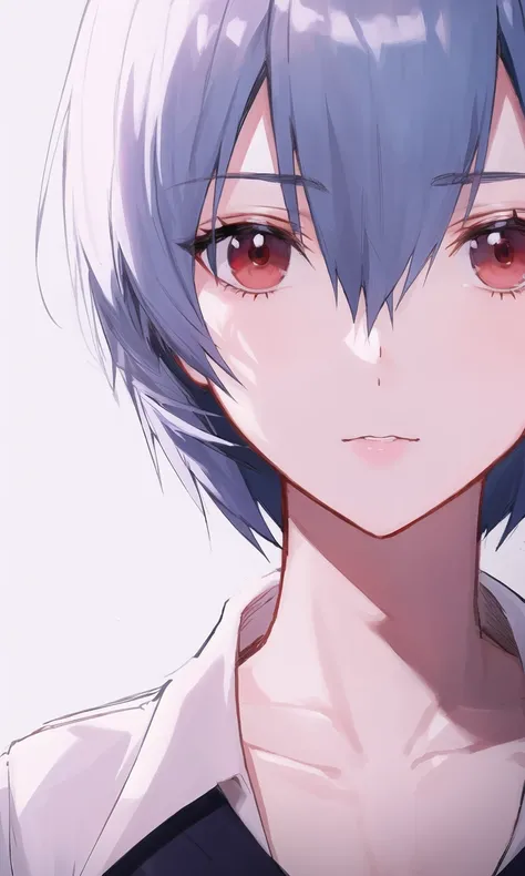 masterpiece portrait of Rei Ayanami \(evangelion\), evangelion \(Hideaki\), caustics, textile shading, high resolution illustration, red eyes, feminine, no pupils, blue hair, short hair, japanese school uniform